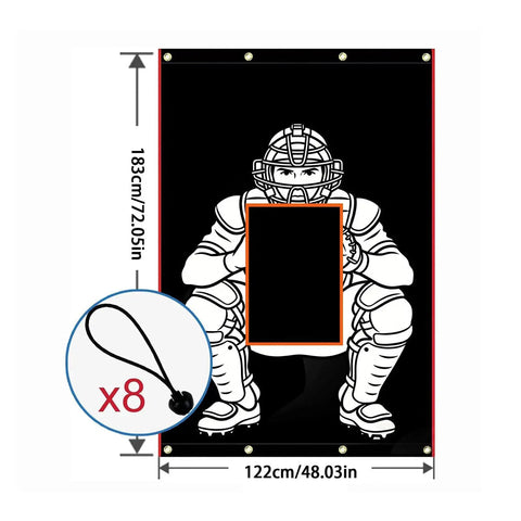 Heavy Duty Weatherproof Baseball Backstop For Batting Cages High Visibility Target Square with catcher graphic and dimensions
