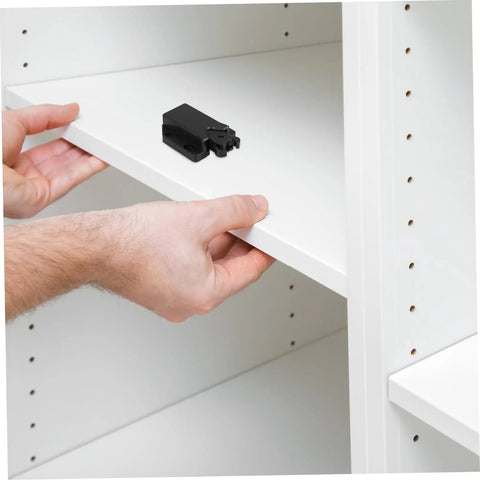Push To Open Cabinet Latch Kit Four Pack with Rebound Tech on a white shelf, durable plastic construction shown in use.