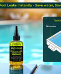 Front view of DOSIDIAG Universal Leak Detector bottle by Amazon, yellow liquid, black cap, pool-deck with diagram panel.