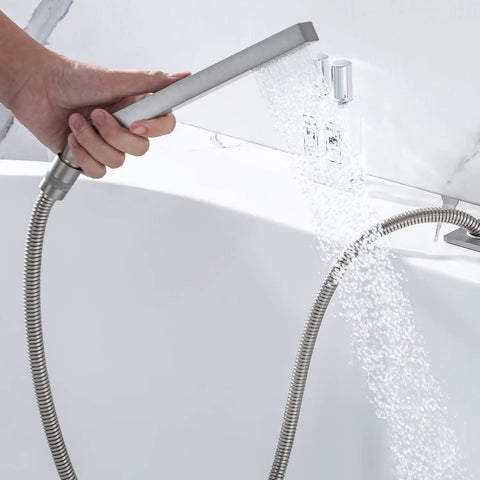 Handheld shower in use from Roman Tub Faucet Deck Mount Waterfall Three Hole with Hand Shower Brushed Nickel Modern Tub Filler Spout