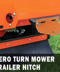 Universal Heavy Duty Mower Trailer Hitch With Neodymium Magnetic Pin And Two Bolts Combo Pack Red And Orange For Zero Turn Mowers And Lawn Equipment With Half Inch R Clip mounted on lawn mower