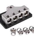 Heavy Duty Car Audio Power Distribution Block With Rock Solid Zinc Alloy Build, 1 Or 4 Gauge Input And Four Outputs With Reducers, Premium Block Cover For Safe Install And Peak Conductivity; zinc alloy block with cover and reducers