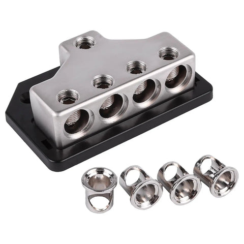 Heavy Duty Car Audio Power Distribution Block With Rock Solid Zinc Alloy Build, 1 Or 4 Gauge Input And Four Outputs With Reducers, Premium Block Cover For Safe Install And Peak Conductivity; zinc alloy block with cover and reducers