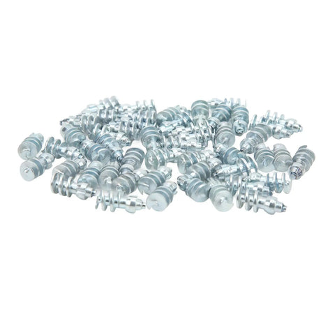 Built Tough 50 Pcs Tungsten Steel Screw Tire Studs and Heavy Duty Winter Snow Spikes in a pile, designed for winter traction.