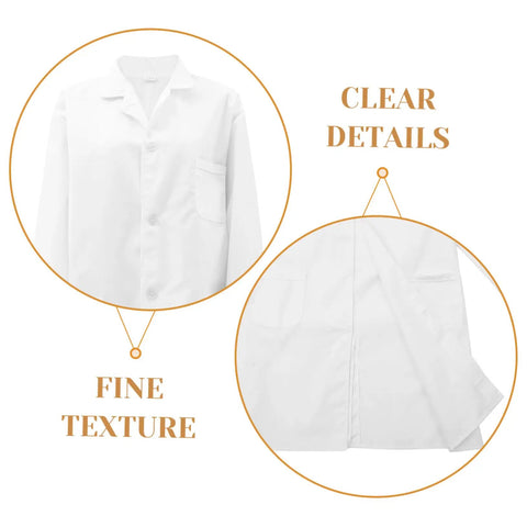 Mens Lab Coat Costume For Adults, Breathable White Doctor Jacket, fine texture and clear details, unisex design, durable cotton labwear.
