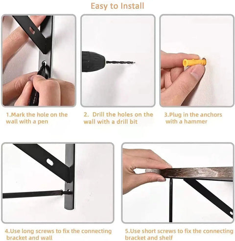 Installation steps for Heavy Duty 10 Inch L Shelf Brackets 6 Pack White Triangular 90 Degree Metal Supports, including marking, drilling, anchoring, and screwing.