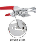 Heavy Duty Toggle Clamp Latch 2000 Lbs Capacity Self Locking U Bolt Adjustable with red handle and close-up of locking mechanism.
