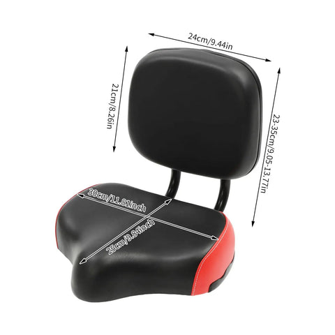 Ultra Comfy Bike Seat Pad With Adjustable Backrest For Bicycle And Tricycle Wide Foam Cushion Saddle With Soft PU Surface Universal Back Rest Replacement Cushion For Electric Bikes Durable And Supportive Black Red, 30x25cm seat, 9.05-13.77in backrest