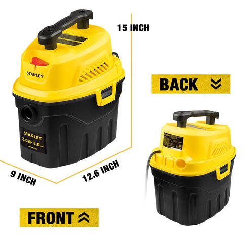 3 Gallon Wet Dry Shop Vacuum With 3 Peak HP Motor Powerful Suction Portable 2 In 1 Auto Detailing Vacuum front and back view