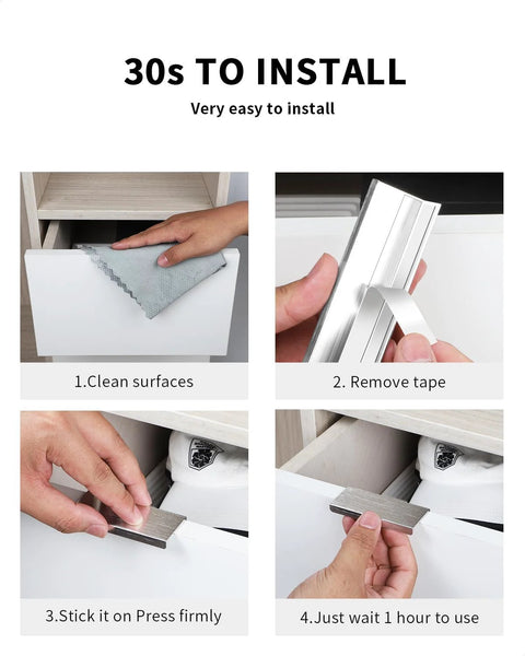 Step-by-step installation of 5 Pack 3 Inch Self Adhesive Cabinet Pulls Silver Stick On Handles No Drill Concealed Edge Drawer Pulls for Cabinets