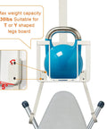 Over The Door And Wall Mount Ironing Board Hanger White with weight capacity details holding a blue kettle bell