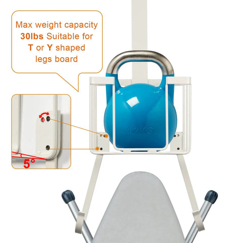 Over The Door And Wall Mount Ironing Board Hanger White with weight capacity details holding a blue kettle bell