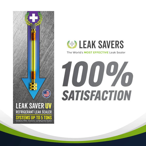 Front view of Leak Saver UV refrigerant leak sealer with UV dye for HVAC, automotive, refrigeration systems up to 5 tons