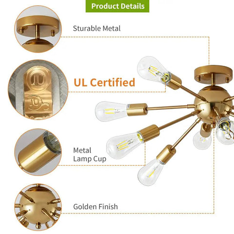 Rock A Killer Look With This Ten Light Gold Sputnik Chandelier Mid Century Modern Semi Flush Mount Ceiling Light details
