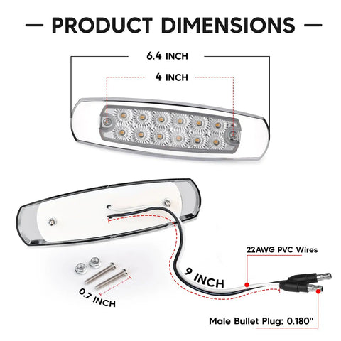 Dimensions of 10 Pack Amber LED Side Marker Lights With Clear Lenses 2 Wire Plug 12V DC Waterproof Fender Lamps