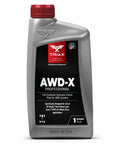 Bottle of AWD X Pro Full Synthetic Dual Pump Fluid For Honda And Acura AWD Systems DPSF Compatible 1 Quart, front view.