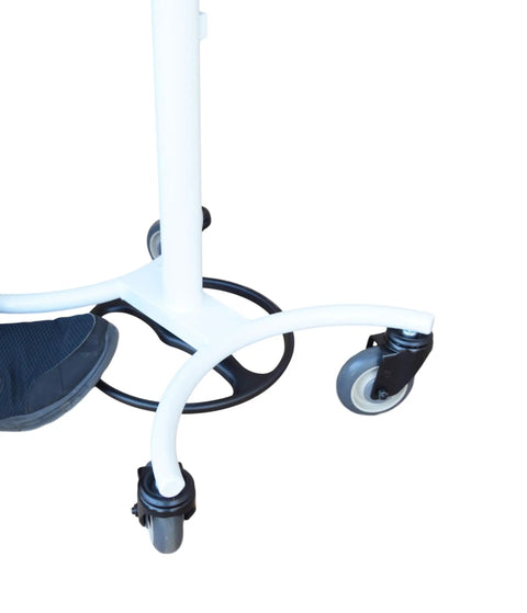 Close-up view of smooth rolling wheels on the Top Shelf Mobile Rolling Desk Workstation featuring adjustable laptop stand.