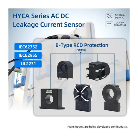HYCA Series AC DC Leakage Current Sensor components with specifications for Solid 30mA Residual Current Sensor For AC DC Leakage Detection With Plug And Go Setup Perfect For Portable EV Chargers Up To 3.5KW Keep Your Rig Safe On Every Road Trip.