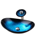 Blue 21 Inch Oval Glass Vessel Sink With Faucet And Pop Up Drain Above Counter Modern Bathroom Vanity Setup Tempered Hand Painted Glass Artistic Yet Slick