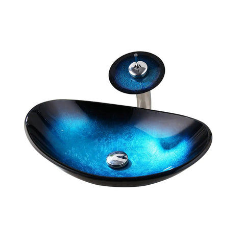 Blue 21 Inch Oval Glass Vessel Sink With Faucet And Pop Up Drain Above Counter Modern Bathroom Vanity Setup Tempered Hand Painted Glass Artistic Yet Slick