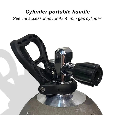 Scuba Tank Carry Handle and Folding Dive Holder Grip for 42-44mm Cylinders, shown attached to a cylinder, non-slip design.