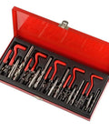 Pro Grade 131 Piece Metric Thread Repair Kit With HSS Drill Bits Taps Threaded Wire Inserts And Break Off Tool Set For Auto Engine Repairs Durable Heavy Duty Steel Construction For Long Lasting Performance open red case with taps, drills, and inserts
