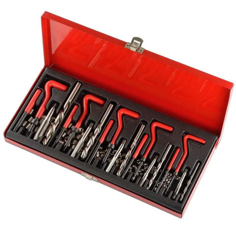 Pro Grade 131 Piece Metric Thread Repair Kit With HSS Drill Bits Taps Threaded Wire Inserts And Break Off Tool Set For Auto Engine Repairs Durable Heavy Duty Steel Construction For Long Lasting Performance open red case with taps, drills, and inserts
