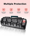 N18 Four Port Fast Charger For Milwaukee M18 18V Li Ion Batteries And Tools That Charges Fast Like A Boss 4 Bay Multi Charging Station Supports 48-11-1850 with multiple protection features displayed above.