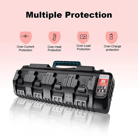 N18 Four Port Fast Charger For Milwaukee M18 18V Li Ion Batteries And Tools That Charges Fast Like A Boss 4 Bay Multi Charging Station Supports 48-11-1850 with multiple protection features displayed above.