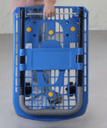 Foldable Cargo Cart Hand Truck With Smooth Steering Casters And Reinforced Frame Portable Trolley For Moving Boxes Blue 90 By 60 Cm Five Inch TPR Silent Wheels Beefy Built Folding Cart For Home Or Warehouse folded flat with handle