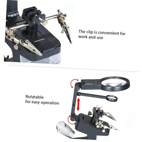 Usb Soldering Station With Led Magnifying Lamp And Adjustable Third Hand Clamp For Electronics Repair showing flexible arm and clamp