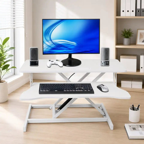 Sit To Stand Computer Desk With Pull Out Keyboard Tray Ergonomic Office Workstation with monitor and keyboard in home office