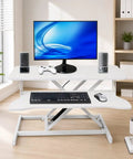 Super Comfy Height Adjustable Standing Desk With Swivel Keyboard Tray For Home Office Computer Workstation Straight Up Ergonomic Design Smooth Movement Dead Simple Setup with monitor and keyboard setup.