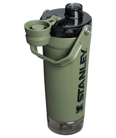 Rock Solid Leakproof Shaker Bottle With Connected Hinge Cap And Fast Flow Spout Built Tough For Gym Sessions And Trail Runs 20 Oz Tritan Protein Mixer That Truly Slaps Mixing Your Favorite Powders in green with clear base.