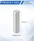Five Pack 5/16 By 1 Bearing Steel Dowel Pins Cylindrical Shelf Support Pins For Wood And Metal Projects Heavy Duty Dowel Rod Fasteners That Stand Up To Corrosion - Single pin dimensions highlighted