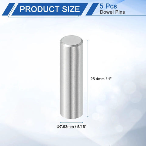 Five Pack 5/16 By 1 Bearing Steel Dowel Pins Cylindrical Shelf Support Pins For Wood And Metal Projects Heavy Duty Dowel Rod Fasteners That Stand Up To Corrosion - Single pin dimensions highlighted