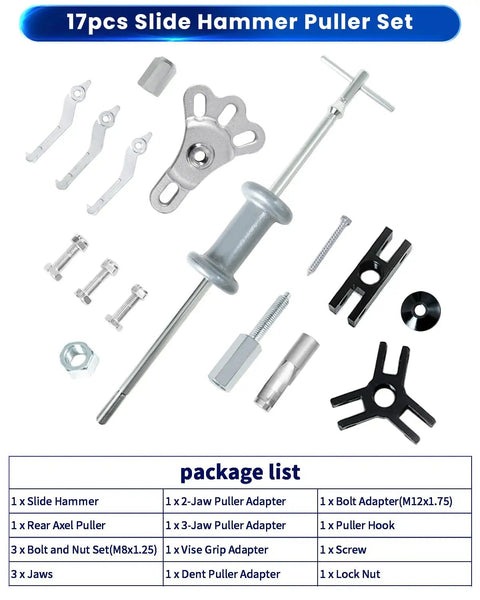 Slide Hammer Dent Puller Set 17 Piece With 5 Lb Hammer For Auto Body Repair Internal And External Gear Pullers Hub And Axle Bearing Removal Dent Removal Kit