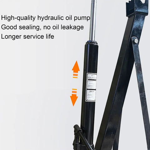 Heavy Duty 2 Ton Hydraulic Engine Hoist showing the hydraulic oil pump with a label indicating quality and sealing.