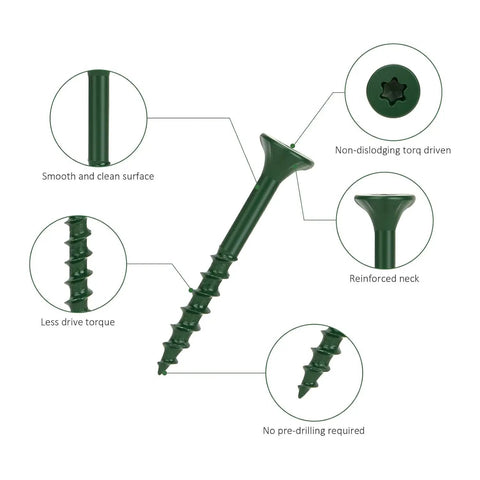 Pro Grade Green Deck Screws Size 8 By 1-1/2 Inch Heavy Duty Fasteners For Composite and Pressure Treated Wood features.
