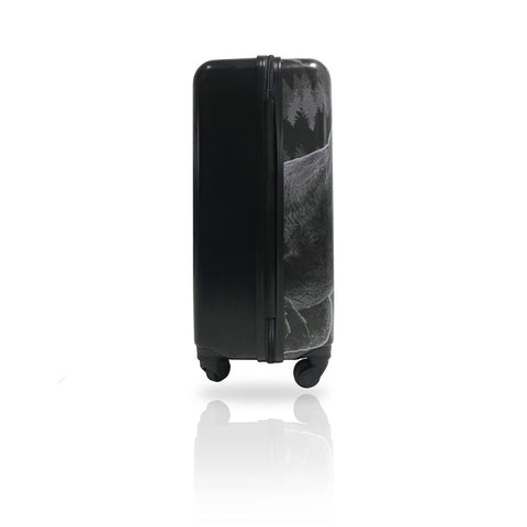 Side view of 20 inch kids dinosaur carry on luggage with Jurassic World graphics and durable spinner wheels for easy travel.