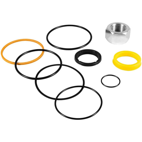 Tilt Hydraulic Cylinder Seal Kit For Bobcat Skid Steer Loader Models 630 631 632 642B 643 shown with rubber seals and metal components