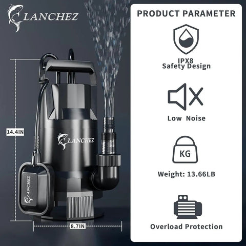 1.6HP Submersible Sump Pump With Float Switch 6000GPH High Flow Water Removal for Pool Draining with specs