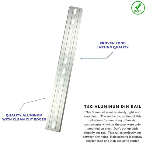 Two Piece Aluminum DIN Rail Slotted RoHS Compliant 8 Inch Long 35mm Wide 7.5mm High Heavy Duty Mounting Rail for Industrial Panels and Enclosures with Center to Center Slot Spacing
