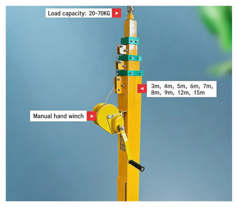 Smooth Operator Manual Telescopic Winch Mast Hand Crank Lighting Pole With No Sweat Self Locking Mechanism, showing load capacity and height marked.