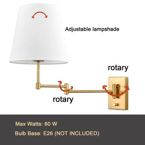 Gold Swing Arm Wall Lamp With Brass Finish And Linen Shade Two Pack Plug In Or Hardwired For Bedroom Bedside Reading Light