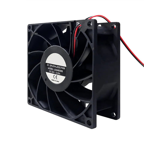 24V Welding Machine Cooling Fan 92X38MM High Airflow Dual Ball Bearing Low Noise Heavy Duty Industrial Grade For Power Supplies And Cabinets 2 Pin 2 Wire Mount Kit Universal Case Fan, black front view with red wires