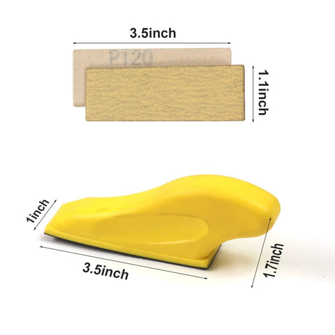 Go To 3.5 Inch By 1 Inch Sanding Block With 70 Piece Sandpaper Set showing block dimensions next to sandpaper size