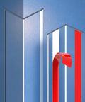 Clear Wall Corner Protector L Shaped Self Adhesive Edge Guard on blue wall, showing transparent PETG strip with red adhesive backing
