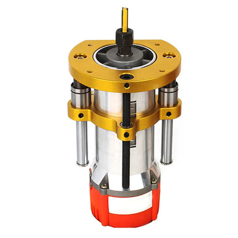 Adjustable Router Lift For 63.5-65mm Diameter Universal Trimming Machines In Aluminum Alloy Under-Table Base Clamping Lifting System With Slick Height Adjustment And Gold Finish, front view