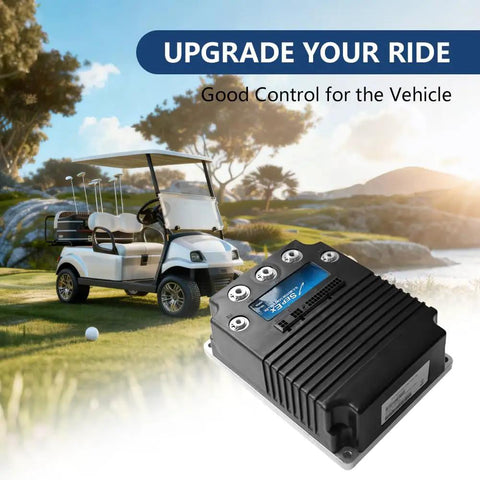 Plug And Play Golf Cart Controller 48V 400A Direct Replacement for electric vehicles, installed in a scenic golf course setting.